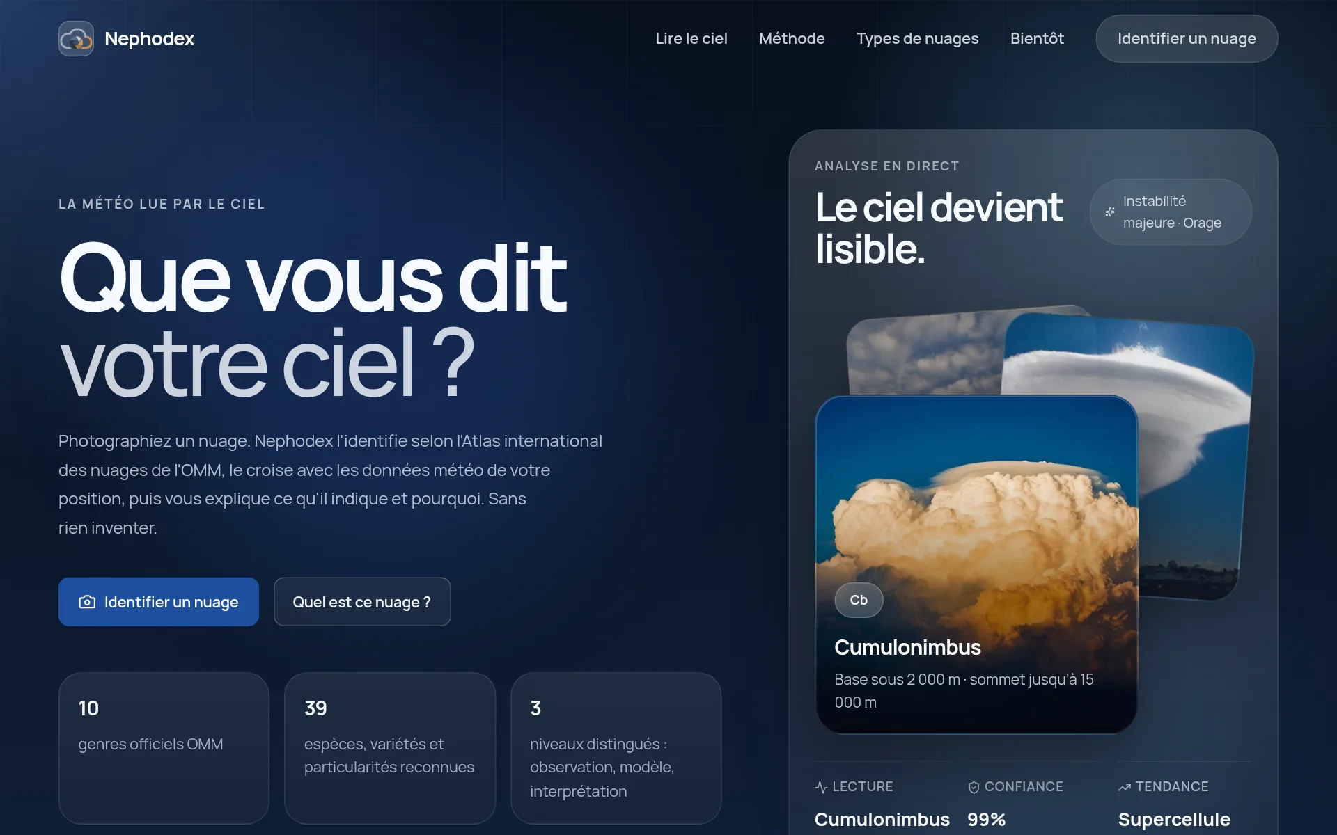 Site Nephodex : page d'accueil avec l'analyse d'un cumulonimbus